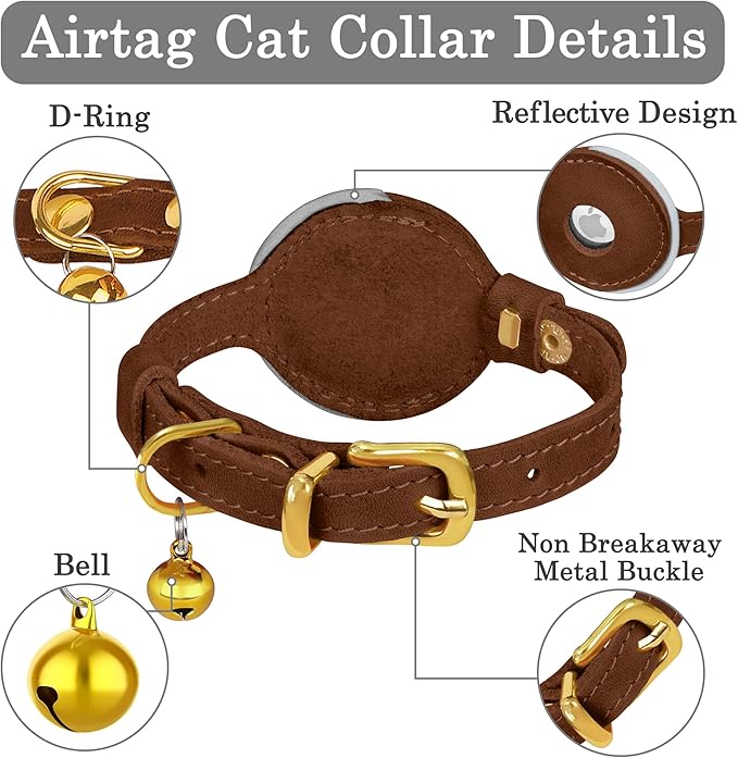 OOPSDOGGY Reflective Leather AirTag Cat Collar with Bell - Non Breakaway Adjustable Pet Collar with Apple Air Tag Holder - Lightweight GPS Kitten Collars for Small Dogs Puppy (Brown)