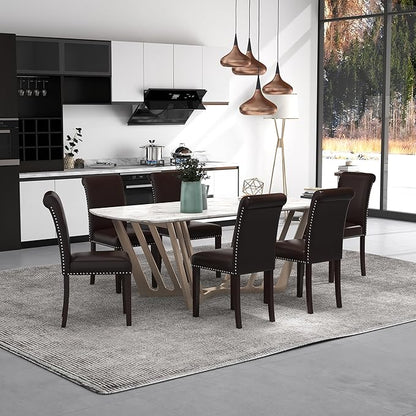 Westice Dining Room Chairs Set of 4 Upholstered PU Leather Kitchen Chairs Dining Room Side Chair with Nailhead Trim and Rubber Wood Legs for Small Space Apartment, Brown