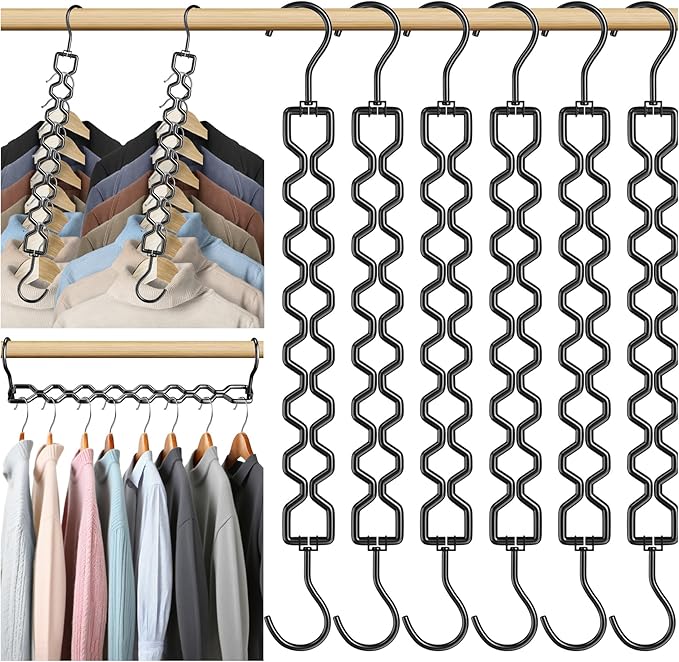 6 Pack Space Saving Hangers for Clothes, Heavy Duty 30Lbs Capacity Magic Clothes Space Saver Sturdy Metal Hanger Organizer with 360° Swivel Hook, Closet Organizers Storage Dorm Essentials Black