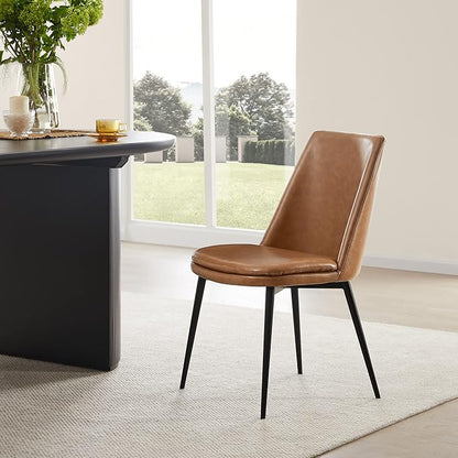 CHITA Mid-Century Padded Dining Chair, Modern Upholstered Faux Leather Dining Room Chair Set of 2 with Metal Legs,Saddle Brown