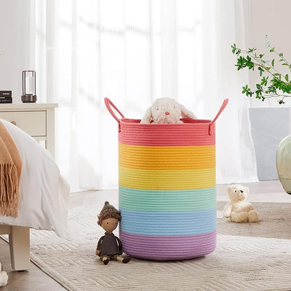 20 Inches Rainbow Baby Girls Kids Hamper Laundry Basket for Nursery Toddler Clothes Blanket Toy Storage Woven Rope Unicorn Hamper in Playroom Bedroom Large