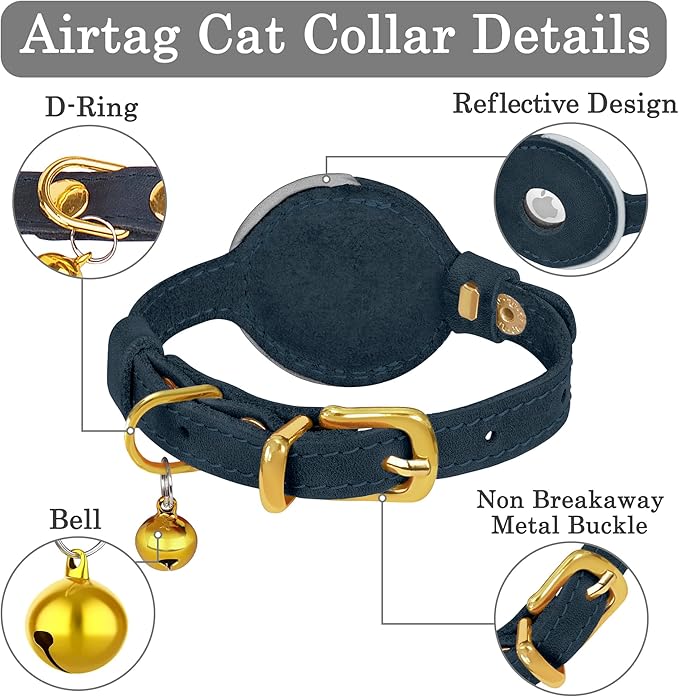 OOPSDOGGY Reflective Leather AirTag Cat Collar with Bell - Non Breakaway Adjustable Pet Collar with Apple Air Tag Holder - Lightweight GPS Kitten Collars for Small Dogs Puppy (Blue)
