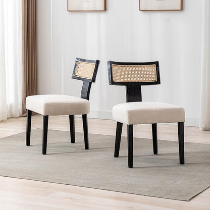 Rattan Dining Chairs Set of 6, Modern Dining Chair Kitchen Dining Room Chair, Curved Cane Back Upholstered Linen Fabric Dining Chair with Black Wood Frame, Beige
