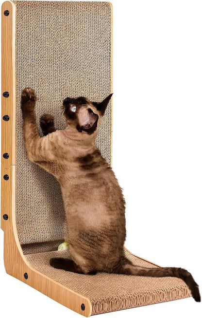 EHEYCIGA Cardboard Cat Scratcher for Indoor Cats, 26.8 Inch L Shaped Vertical Cat Scratching Board with Ball Cat Toy, Large Cat Scratcher Pad, Brown