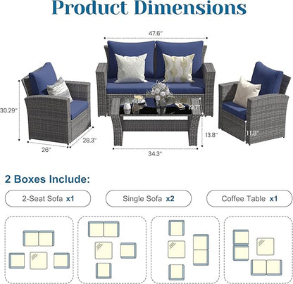 Solaste 4 Piece Outdoor Patio Furniture Set, Outdoor Sectional Sofa with Tempered Glass Coffee Table and Cushions, Wicker Rattan Patio Set for Backyard, Front Porch, Balcony, Navy