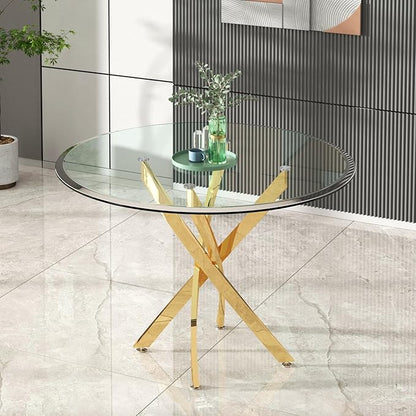 Goujxcy 3 Piece Round Glass Dining Table Set for 2, 36" Round Dining Table & Chair Set Modern Circle Glass Kitchen Table and 2 Velvet Upholstered Chairs for Kitchen Dining (Gold Table & Grey Chair)