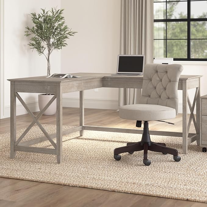 Bush Furniture Key West 60W Modern Farmhouse L Shaped Desk in Washed Gray, 60-Inch Corner Computer Table for Home Office Workspace