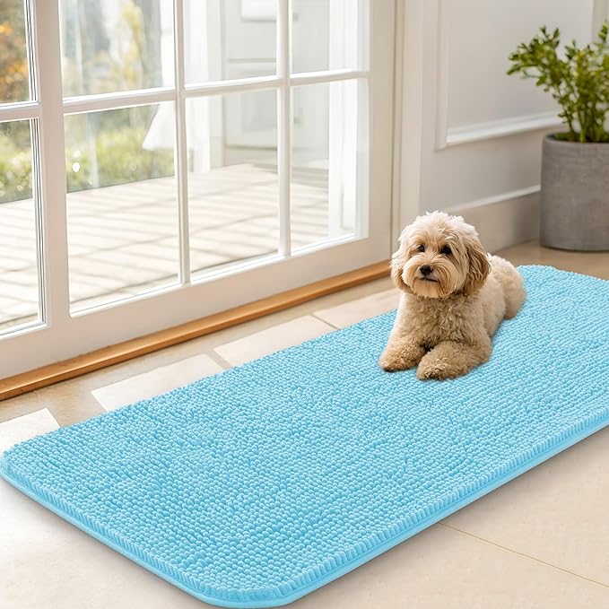 OLANLY Dog Door Mat for Muddy Paws 47x20, Absorbs Moisture and Dirt, Absorbent Non-Slip Washable Doormat, Quick Dry Chenille Mud Mat for Dogs, Entry Indoor Entryway Carpet for Inside Floor, Blue