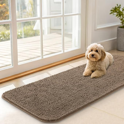 OLANLY Dog Door Mat for Muddy Paws 47x17, Absorbs Moisture and Dirt, Absorbent Non-Slip Washable Doormat, Quick Dry Chenille Mud Mat for Dogs, Entry Indoor Entryway Carpet for Inside Floor, Tan