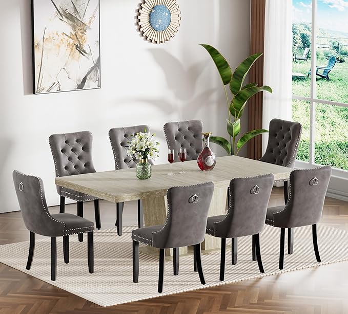 Goujxcy 9-Piece Extendable Dining Table Set for 8, 63-78 Inch Faux Travetine Kitchen Table Set with 8 Grey Upholstered Chairs Modern Wood Expandable Dining Room Table Set for Kitchen Apartment