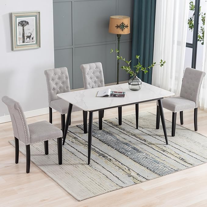 Westice Dining Room Chairs Set of 6 Upholstered Fabric Kitchen Chairs Dining Room Side Chair with Nailhead Trim and Rubber Wood Legs for Small Space Apartment, Light Gray