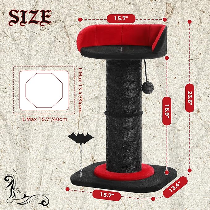 PEQULTI Cat Scratching Post, Gothic Cat Tree, Tall Scratcher for Indoor Cats with Super Thick Scratching Post [Dia=5.5''], Removable Spiderweb Pattern Cat Bed, Scratch Post with Spring Ball, Black