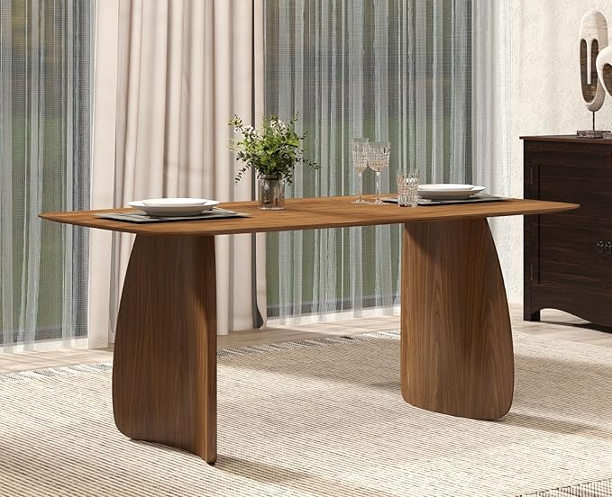 70 Inch Large Dining Table for 6-8 People, Solid Wood Kitchen Table with Curved Wooden Legs, Mid Century Modern Rectangular Long Dinner Table for Dining Room, Walnut