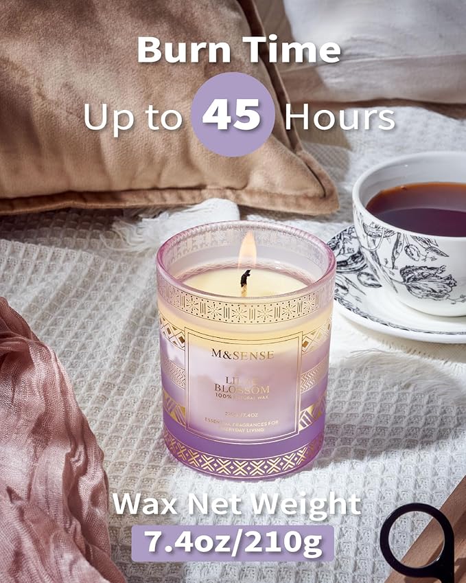 M&SENSE Lilac Blossom Soy Candles for Home Scented, 7.4oz 45 Hour Long Burning Aromatherapy Candle for Stress Relief Meditation Yoga Relaxing SPA, Christmas Thanksgiving Halloween Gifts for Her