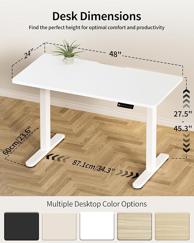 Okin Standing Desk Electric Adjustable Computer Whole Piece Stand up Desk Office Gaming Home Office Memory Desks 48x24 inches White