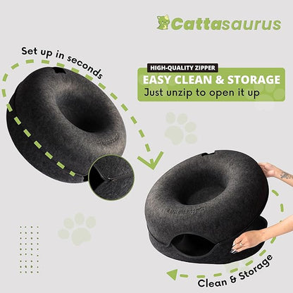CATTASAURUS Peekaboo Cat Cave for Multiple & Large Cats Up to 30-45 Lbs, Scratch Detachable & Washable Tunnel Bed, Comfy Donut Cat Cave (Dark Gray, Jumbo)