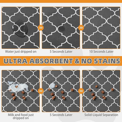 KOOLTAIL Dog Food Mat, 2 Pack Absorbent Pet Feeding Mat for Food and Water Bowls, Placement Pad for Floors with Waterproof Rubber Backing, Quick Dry Water Dispenser Mat for Dogs Cats, Grey, 12"x20"