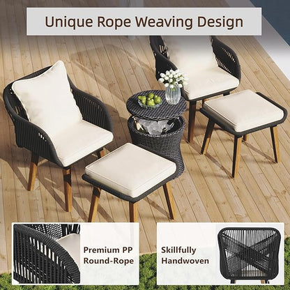 5-Piece Patio Conversation Sofa Set, Rope-Woven Furniture Set with Rattan Cool Coffee Table, Outdoor Furniture Setwith 2 Footstools for Garden, Backyard, Balcony, Black & Beige