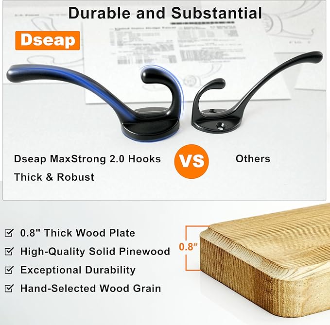 Dseap Wall Mounted Coat Rack: Patented, Heavy-Duty, 17.4" Long 5-Double-Hooks Wooden Hanger Rail for Winter Coats, Hat, Jacket, Clothing - Natural & Black, Pack of 2