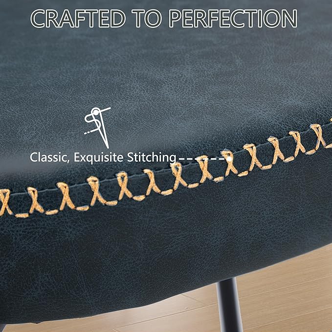 Rattan Dining Chairs Set of 6, Blue Leather Upholstered Dining Chairs with Rattan Cane Back, Mid Century Modern Dining Room Chairs with Black Metal Legs & D-Shaped Thicken Cushion, Blue