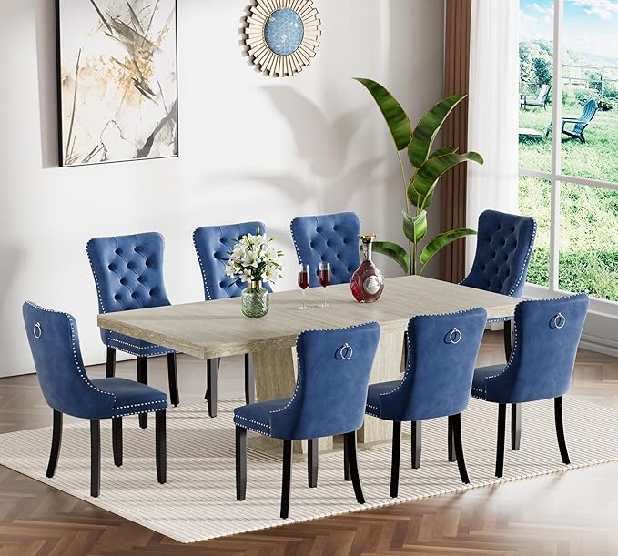 Goujxcy 9-Piece Extendable Dining Table Set for 8, 63-78 Inch Faux Travetine Kitchen Table Set with 8 Blue Upholstered Chairs Modern Wood Expandable Dining Room Table Set for Kitchen Apartment
