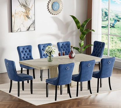 Goujxcy 9-Piece Extendable Dining Table Set for 8, 63-78 Inch Faux Travetine Kitchen Table Set with 8 Blue Upholstered Chairs Modern Wood Expandable Dining Room Table Set for Kitchen Apartment