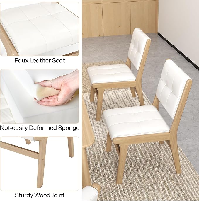 KCC Modern PU Leather Dining Chairs Set of 6, Upholstered Kitchen Chairs with Solid Wood Legs and Comfortable Seat for Dining Room/Lounge/Bedroom(White)