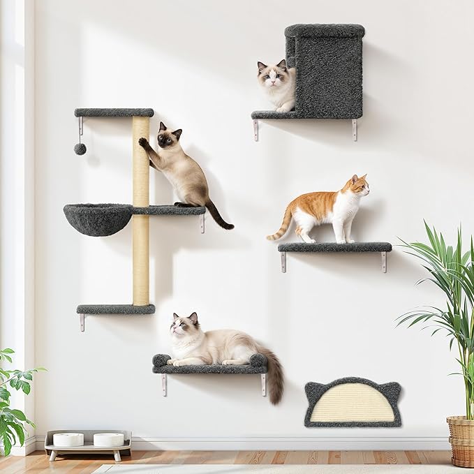 5-in-1 Cat Wall Shelves, Solid Wood & Velvet & Sisal Scratcher, 44lbs Max Load, Wall Mounted Cat Furniture for Climbers, Cat Climbing Wall System, Fits Drywall & Solid Walls - Dark Gray