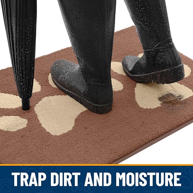 Smiry Dog Door Mat for Muddy Paws, Absorbs Moisture and Dirt, Low-Profile Entryway Mat with Non-Slip Backing, Entry Indoor Outdoor Doormat for Inside Floor (47x24 Inches, Camel, Paw)