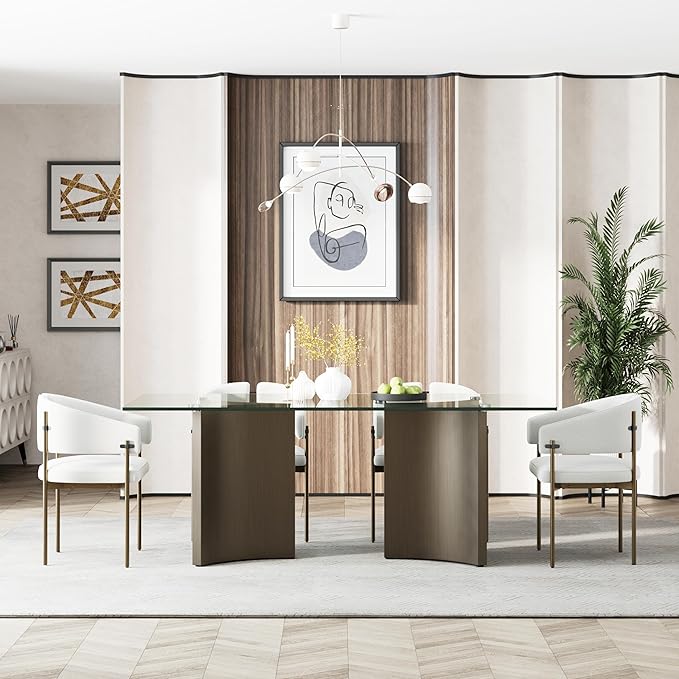 Asday 78” Modern Glass Dining Table, Rectangular Tempered Glass Kitchen Table with Dual Triangular Stainless Steel Pedestal for Living Room, Kitchen, Dining Room, Brushed Bronze