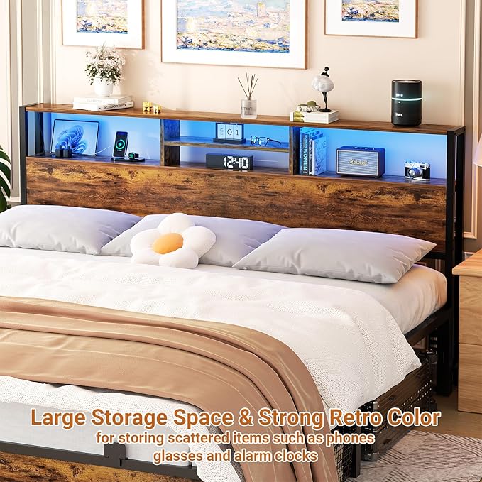 Aheaplus Headboard for King Size Bed with Storage, Headboards with Outlets, USB Ports and LED Light, King Size Head Board, Height Adjustable, Reversible, Sturdy and Stable Headboard, Rustic Brown