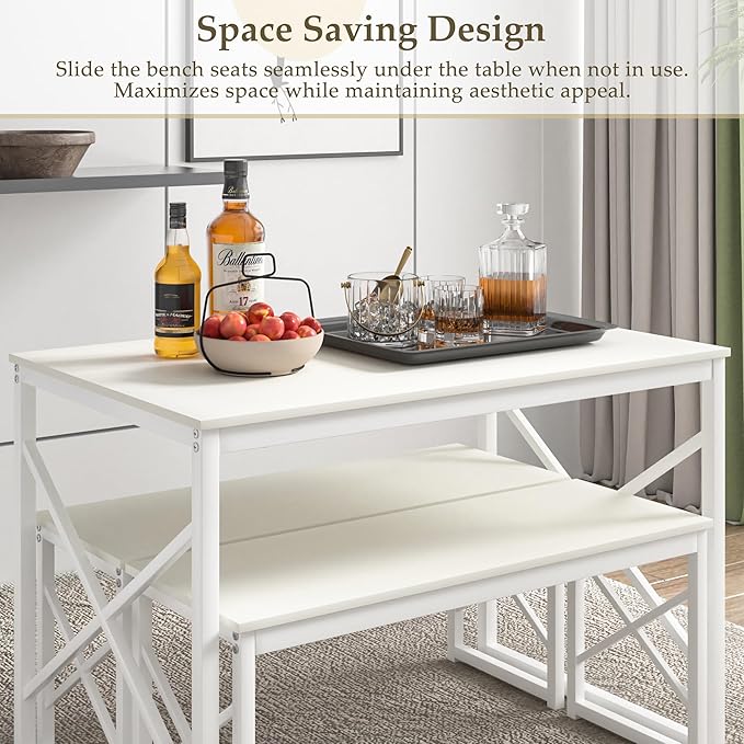 VECELO Kitchen Dining Table Benches Set for 4, 43.3" Wooden Dinette with 2 Benches, Heavy-Duty Dining Room Table for Small Space, Breakfast Nook, White