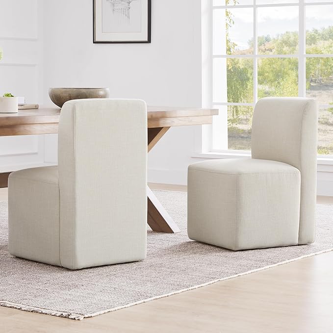CHITA Dining Chairs with Casters Set of 2, FSC Certified Upholstered Armless Modern Rolling Dining Chairs with Rollers for Bedroom Reading Room Living Room, Linen
