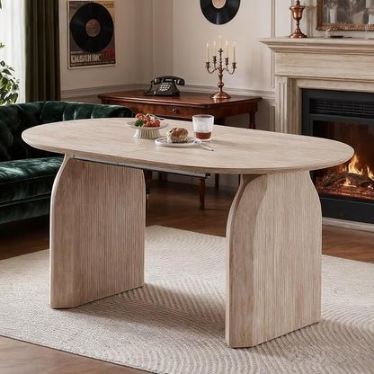 59"-90.5" Extendable Dining Table,Large Wood Dining Room Table with Slatted Pedestal Base,Rustic Oval Dining Table with Dual Pedestal Base(Easy to Assemble)
