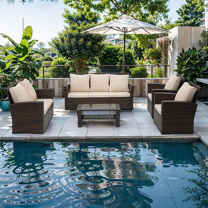 Wisteria Lane 5 Piece Outdoor Patio Furniture Sets, Wicker Conversation Set for Porch Deck, Brown Rattan Sofa Chair with Cushion