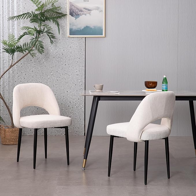 Modern Dining Chairs, Fabric Upholstered Accent Kitchen Chairs with Comfy Padded Seat & Sturdy Metal Legs, Side Farmhouse Chairs for Dining Room, Living Room, Restaurant (Beige, Set of 2)