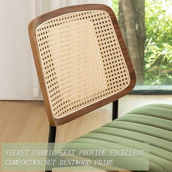 LUNLING Dining Chairs Set of 2 Mid Century Modern Retro Green Velvet Kitchen Chairs with Walnut Bentwood Upholstered Seat Metal Legs Adjustable Foot for Kitchen Dining Room Chairs(Green Fabric)