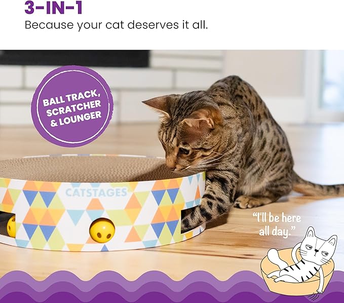 Catstages Bowl Track Scratcher Cat Ball-Track Toy, Corrugated Scratch, and Lounger All-in-One, Two Balls Included for Interactive Play, Multicolored