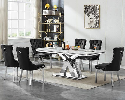 Goujxcy 68" Luxury Marble Dining Table for 6-8, Modern Rectangle White Faux Marble Kitchen Dining Room Table with Silver X-Shape Stainless Steel Pedestal Base for Kitchen Dining Room