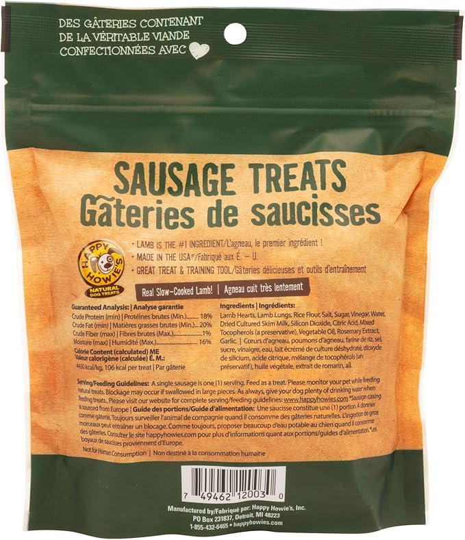 Happy Howie's Sausage Treats - Healthy Dog Treats, Flavorful Slow Cooked Lamb, Natural Ingredients, Chewy Dog Treats, Hormone Free - Lamb, (Pack of 1)