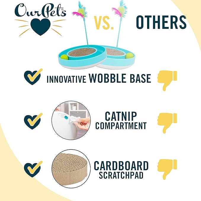 OurPets Wobble Scratch Track Cat Toy - Interactive Cat Toys for Indoor Cats with Ball Track That Rolls; Feather Wand and Scratcher Pad. Great as a Kitten Toy for Self Play to Keep Them Busy