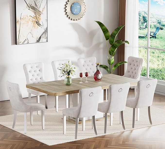 Goujxcy 78.7" Farmhouse Extendable Dining Room Table Set for 8, 9-Piece Rectangle Kitchen Dining Room Table Set with Wood Base and 8 Beige Velvet Dining Chairs, Extending Kitchen & Dining Table Set