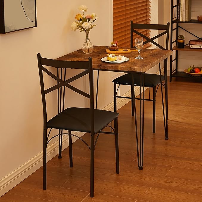 VECELO 3 Piece Dining Table Set for 2, Kitchen Table Set with 2 Chairs for Small Space, Space-Saving and Modern Design, Apartment, Easy to Assemble,Retro Brown