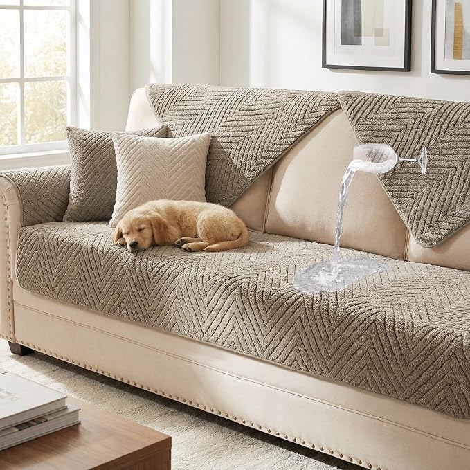 Turquoize Waterproof Couch Cover for Dogs Fuzzy Pet Couch Covers for Sofa Thick Dog Bed Cover Non-Slip Sofa Covers for 3 Cushion Couch Protector Slipcover Pet Friendly (Khaki, 36" x 63")