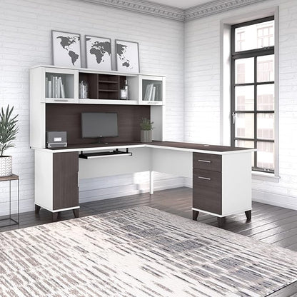 Bush Furniture Somerset L Shaped Desk with Hutch in White & Storm Gray | Corner Computer Table with Drawers, Cabinets and Pullout Keyboard/Laptop Tray for Home Office