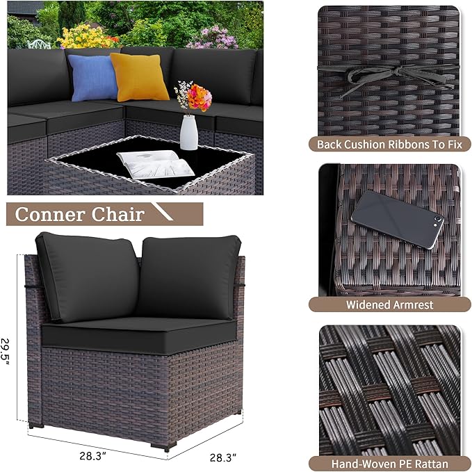 Kurapika 7 Pieces Patio Furniture Set, Rattan Wicker Outdoor Conversation Sets w/43in Propane Fire Pit Table and 4 Inch Cushion(Black)