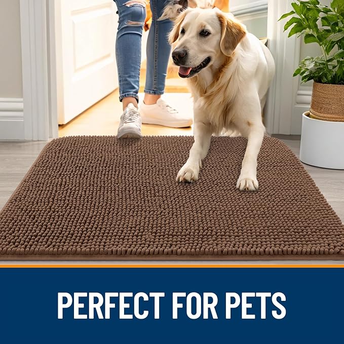 OLANLY Dog Door Mat for Muddy Paws 34x21, Absorbs Moisture and Dirt, Absorbent Non-Slip Washable Doormat, Quick Dry Chenille Mud Mat for Dogs, Entry Indoor Entryway Carpet for Inside Floor, Mocha