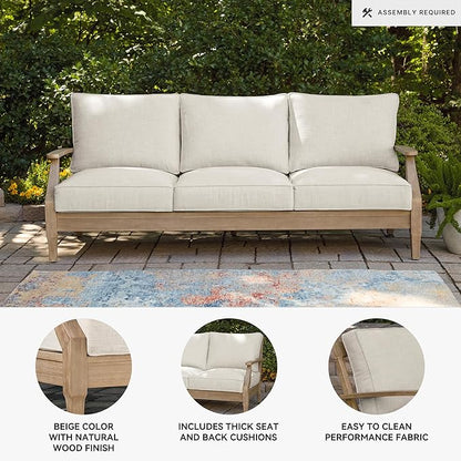 Signature Design by Ashley Carter Hall Outdoor Eucalyptus Wood Patio Sofa – Cushioned with UV-Resistant Nuvella Fabric, 5-Step Protective Finish, Beige