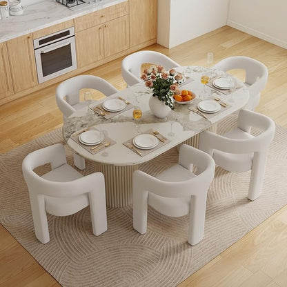Set of 6 Modern PU Leather Upholstered Dining Chairs with Open-Back, Cute Barrel Side Chairs Kitchen Armchair Accent Chairs for Dining Room Bedroom, White