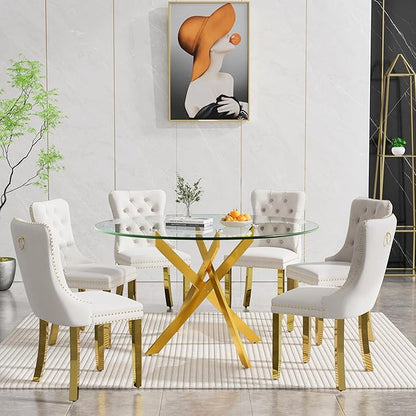 Goujxcy Round Dining Table Set for 6, Modern Glass Kitchen Table and Chairs Set of 6, 7-Piece Dining Room Table Set w/47 Circle Gold Glass Dining Table and 6 Upholstered Velvet Chairs